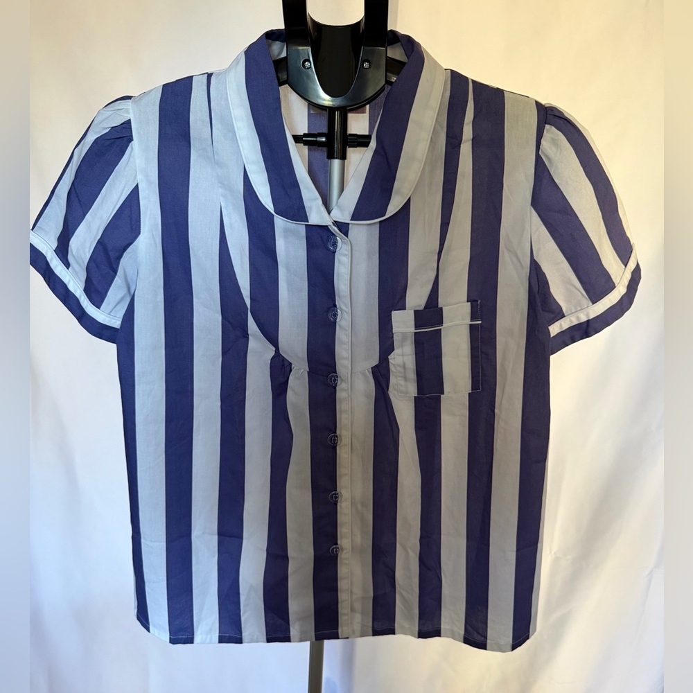 Sant & Abel Blue & White Stripe Cotton Pajama Top | Resort Lounge Shirt small